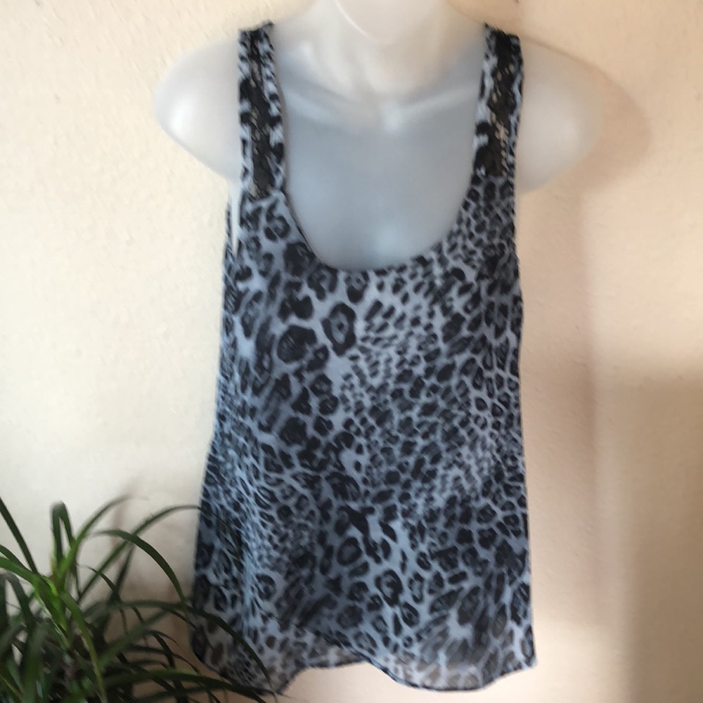 Leopard print black and grey camisole tank top with lace soft animal print med.